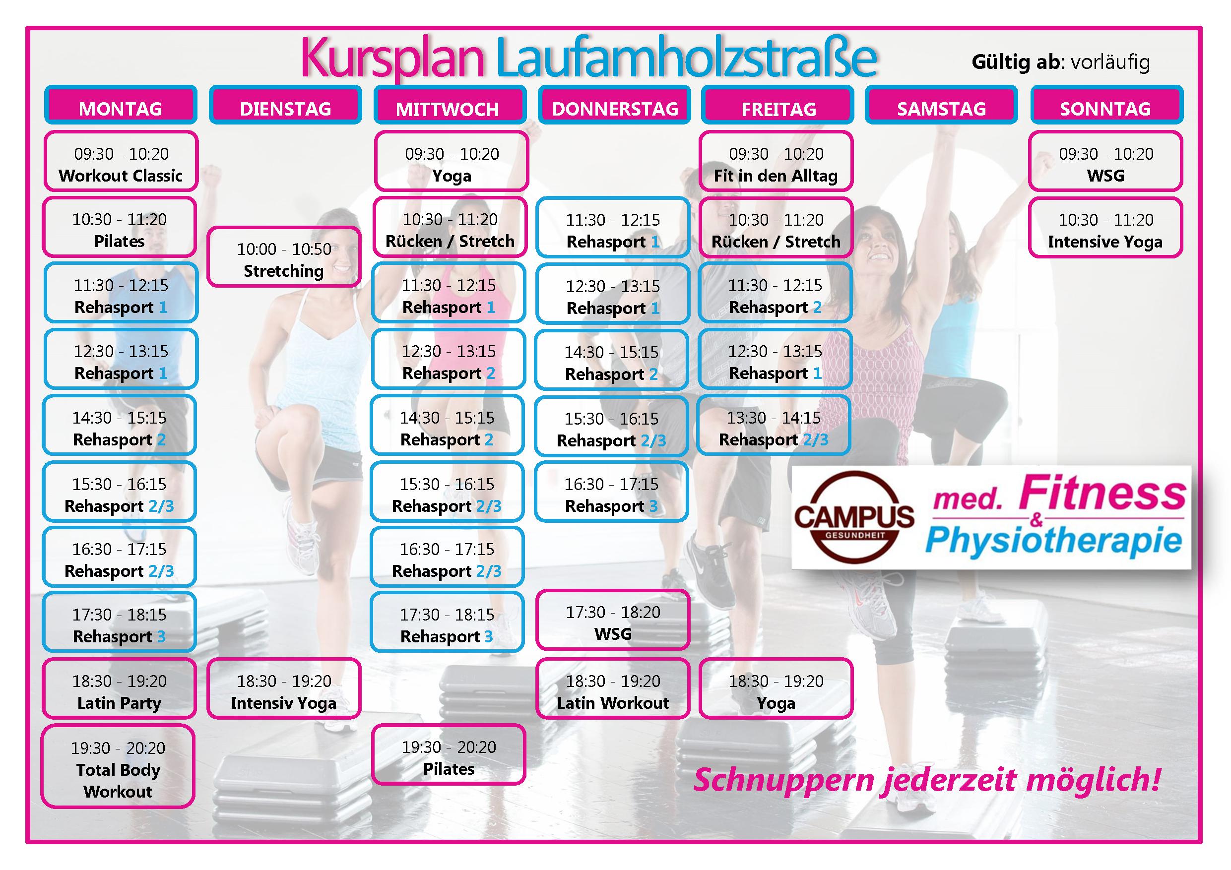 Kombi Rehabilitationssport und Kursplan im Fitnessstudio Campus Mögeldorf in Nürnberg August 2020